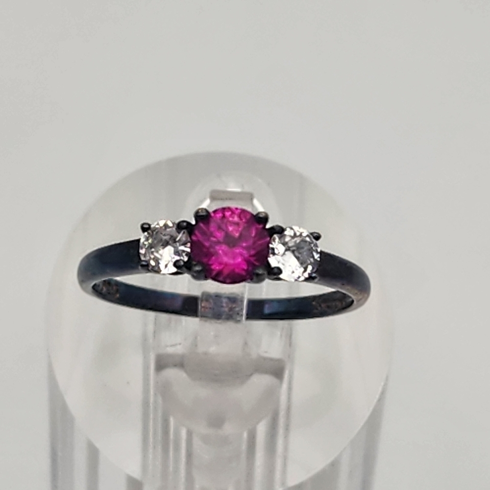 Stauer Blackened Sterling Silver Pink Ruby & Clear Cubic Zirconia Ring (7.25)